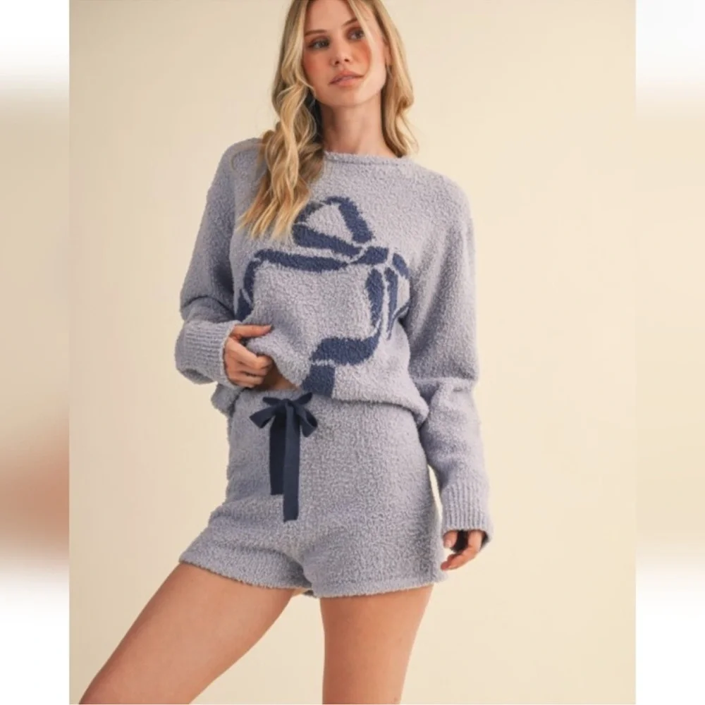 Klesis Bow Cozy Knit Lounge Set Blue Sweater Shorts Coquette NWT S - Picture 6 of 8